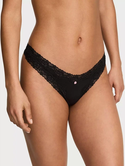 Трусики стринги Cotton Lace-Waist Thong Victoria's Secret черный с розовым L - Фото 1 Трусики стринги Cotton Lace-Waist Thong Victoria's Secret черный с розовым L - изображение 1