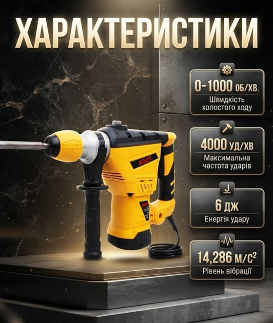 Перфоратор BOXER BX-164 SDS Plus 3350 Вт 6 Дж с четырьмя режимами работы и комплектом буров в кейсе - Фото 2 Перфоратор BOXER BX-164 SDS Plus 3350 Вт 6 Дж с четырьмя режимами работы и комплектом буров в кейсе - изображение 2