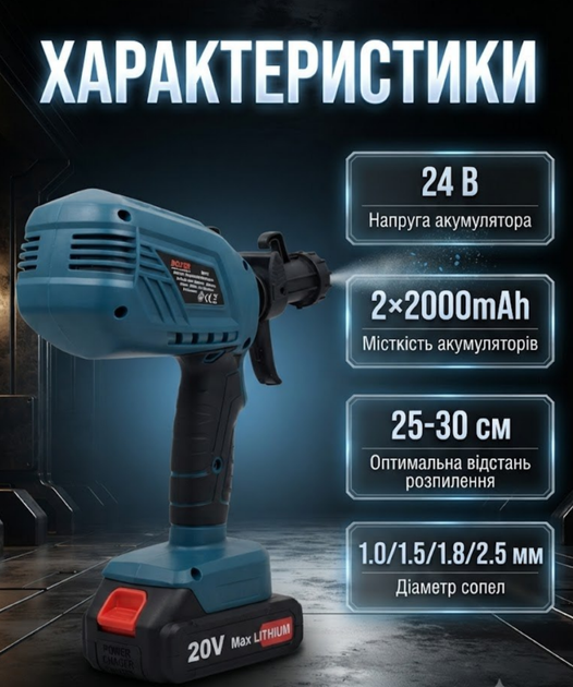 Аккумуляторный краскопульт BOXER BX-213 24V 2Ah с двумя аккумуляторами баком 1200 мл четырьмя соплами и тремя режимами распыления - Фото 3 Аккумуляторный краскопульт BOXER BX-213 24V 2Ah с двумя аккумуляторами баком 1200 мл четырьмя соплами и тремя режимами распыления - изображение 3