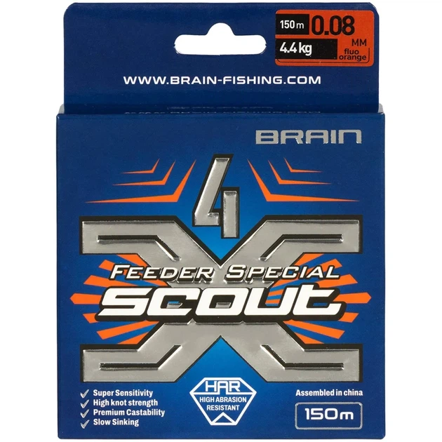 Шнур Brain Scout 4X 150m (fluoro Orange) 0.080mm 4.4kg - Фото 2 Шнур Brain Scout 4X 150m (fluoro Orange) 0.080mm 4.4kg - зображення 2