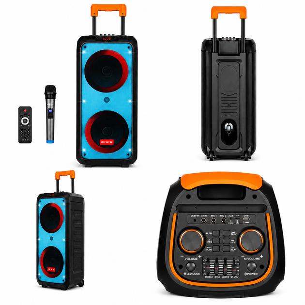 Аккумуляторная колонка-чемодан 80 Вт 2×8″ с беспроводным микрофоном Bluetooth, караоке, TWS, FM, USB/TF и LED - изображение 2