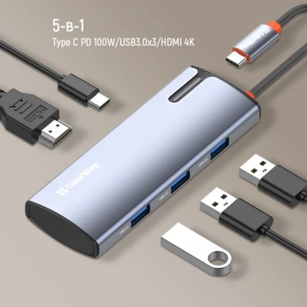Док-станция ColorWay CW-HUB01 5-в-1 USB-C для ноутбука с HDMI 4K и PD 100 Вт - изображение 4