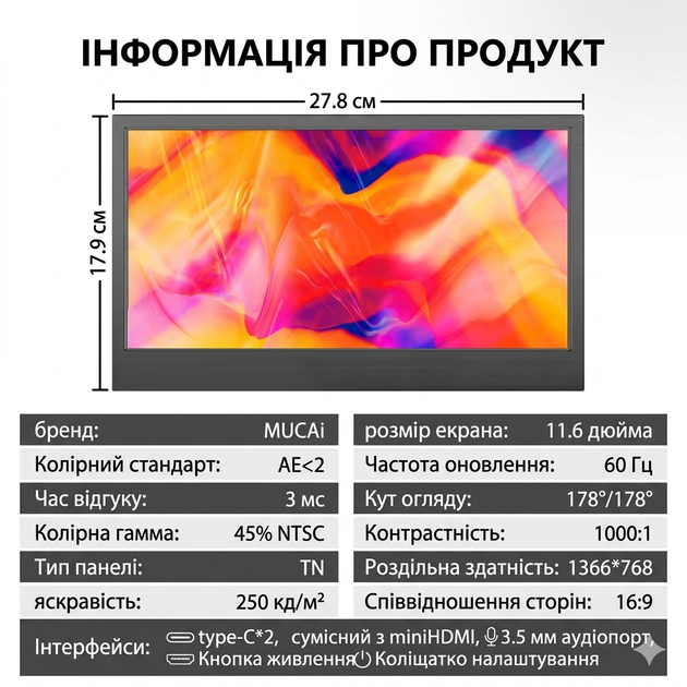MUCAI N116A 11,6" – Компактний портативний монітор для роботи, ігор і мультимедіа - изображение 2