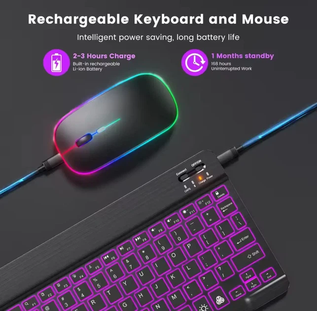 Клавиатура беспроводная Koyo Bluetooth компактная с RGB подсветкой для смартфонов планшетов ноутбуков смарт ТВ 320x130x20 мм 400 г с аккумулятором 300 мАч и USB C подключением черная для работы и обучения - изображение 4