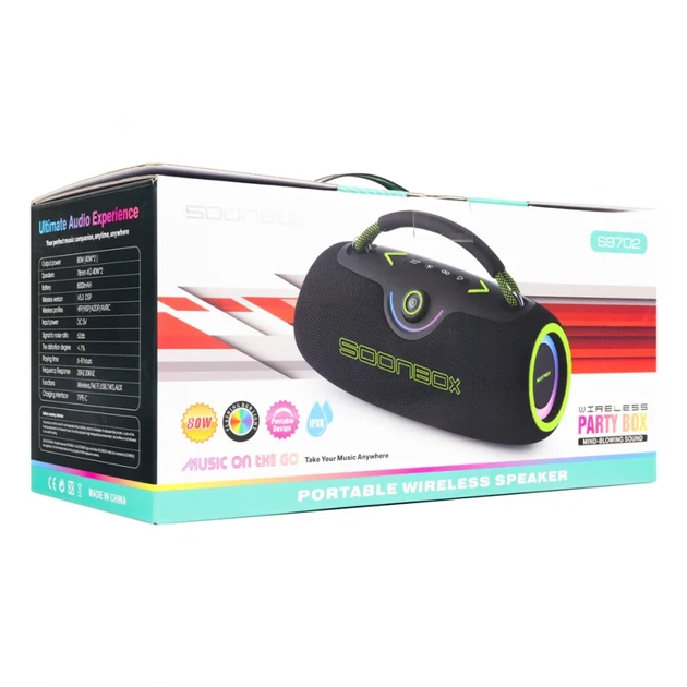 Портативна колонка Soonbox S9702 80W Bluetooth 5.3 з підсвічуванням чорна помаранчева IPX6 - зображення 4