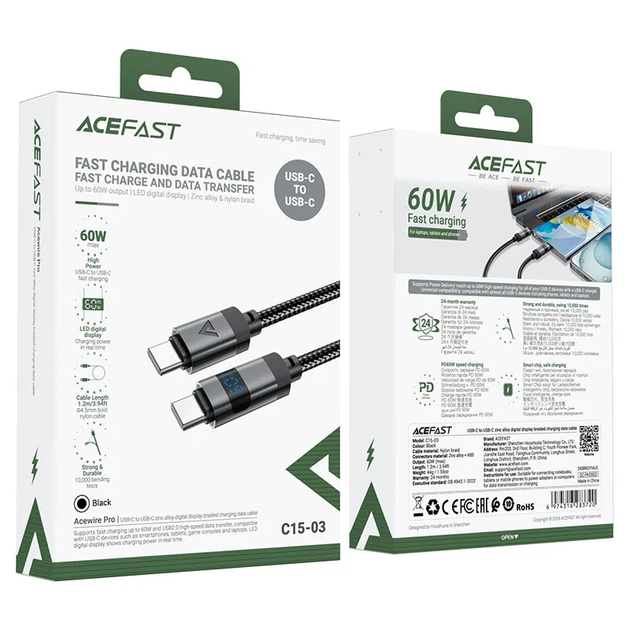 Дата-кабель ACEFAST C15-03 USB-C to USB-C 60W цинковый сплав нейлоновая оплетка черный 1.2 м - Фото 2 Дата-кабель ACEFAST C15-03 USB-C to USB-C 60W цинковый сплав нейлоновая оплетка черный 1.2 м - изображение 2