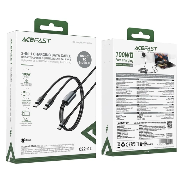 Кабель зарядки ACEFAST C22-02 USB-C на 2*USB-C 100W алюминиевый черный - Фото 2 Кабель зарядки ACEFAST C22-02 USB-C на 2*USB-C 100W алюминиевый черный - изображение 2