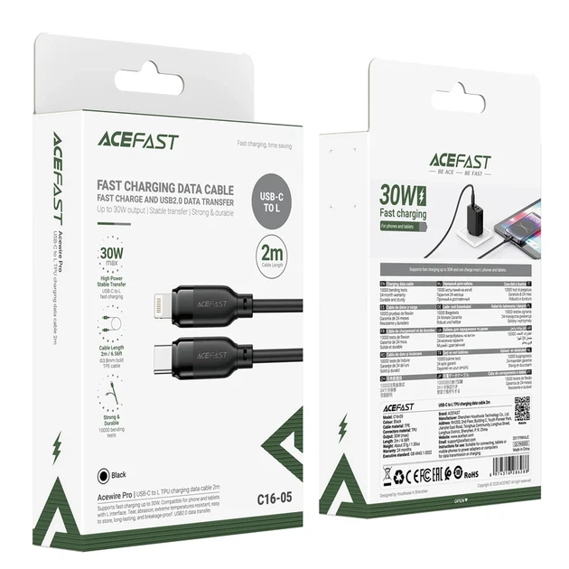 Кабель зарядки ACEFAST C16-05 USB Type-C to Lightning 30W TPE 2м черный - Фото 2 Кабель зарядки ACEFAST C16-05 USB Type-C to Lightning 30W TPE 2м черный - изображение 2