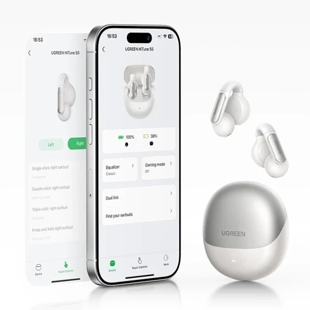 Беспроводные наушники TWS UGREEN WS210 HiTune S5 Bluetooth 5.4 с активным шумоподавлением IPX5 Белый - Фото 6 Беспроводные наушники TWS UGREEN WS210 HiTune S5 Bluetooth 5.4 с активным шумоподавлением IPX5 Белый - изображение 6