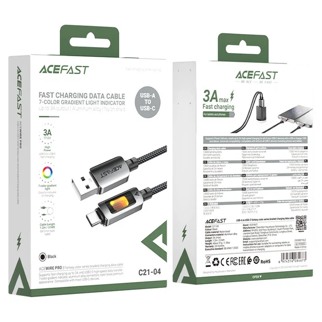 Кабель зарядки ACEFAST C21-04 USB-A to USB-C 3A нейлоновий 1.2 м чорний з LED індикатором - Фото 2 Кабель зарядки ACEFAST C21-04 USB-A to USB-C 3A нейлоновий 1.2 м чорний з LED індикатором - зображення 2
