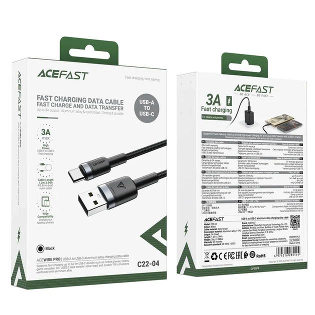 Кабель зарядки USB Type-A до Type-C ACEFAST C22-04 3A TPE + алюминий 1.2 м черный - изображение 2