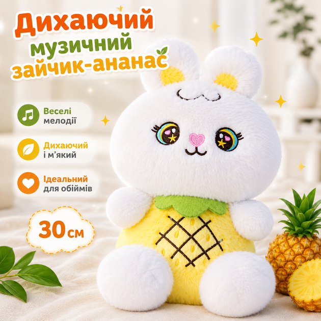 Плюшевый дышащий зайчик-ананас 30 см музыкальная мягкая игрушка кролик с имитацией дыхания, ананасный зайка на батарейках - Фото 1 Плюшевый дышащий зайчик-ананас 30 см музыкальная мягкая игрушка кролик с имитацией дыхания, ананасный зайка на батарейках - изображение 1