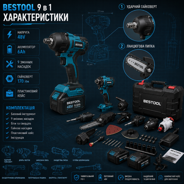 Аккумуляторный набор электроинструментов BESTOOL 9 в 1 48V 6Ah с дрелью гайковертом сабельной пилой лобзиком реноватором и другими насадками в кейсе - изображение 2