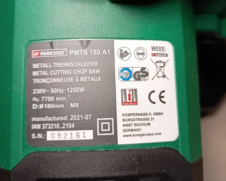 Відрізна пила по металу Parkside PMTS 180 B2 1280 Вт, диск 180 мм, глибина різу до 50 мм, 7700 об/хв - Фото 8 Відрізна пила по металу Parkside PMTS 180 B2 1280 Вт, диск 180 мм, глибина різу до 50 мм, 7700 об/хв - зображення 8