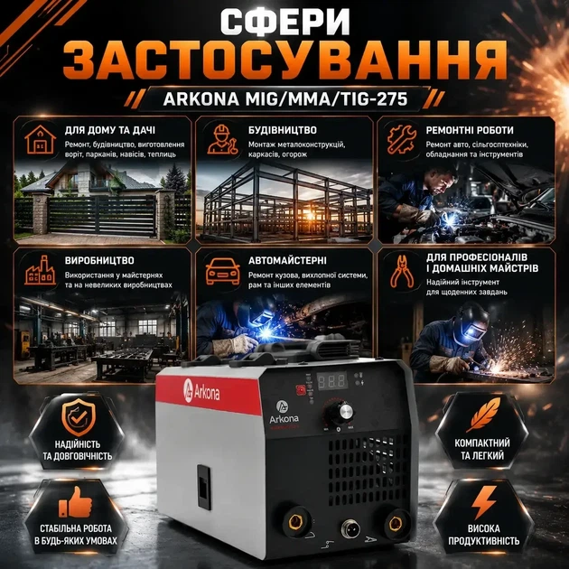 Сварочный полуавтомат Arkona MIG MMA TIG-275 275А инвертор с режимами MIG/MAG/MMA/TIG-Lift для сварки проволокой 0.6-1 мм без газа и работой от сети 180-250 В - изображение 3