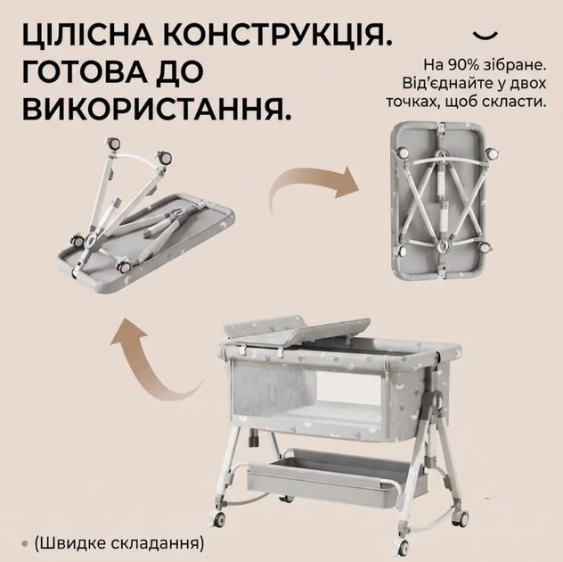 Ліжечко-трансформер LEOBRO Smart Crib Pro 5в1 Сіре дитяче ліжечко для новонародженого - Фото 2 Ліжечко-трансформер LEOBRO Smart Crib Pro 5в1 Сіре дитяче ліжечко для новонародженого - зображення 2