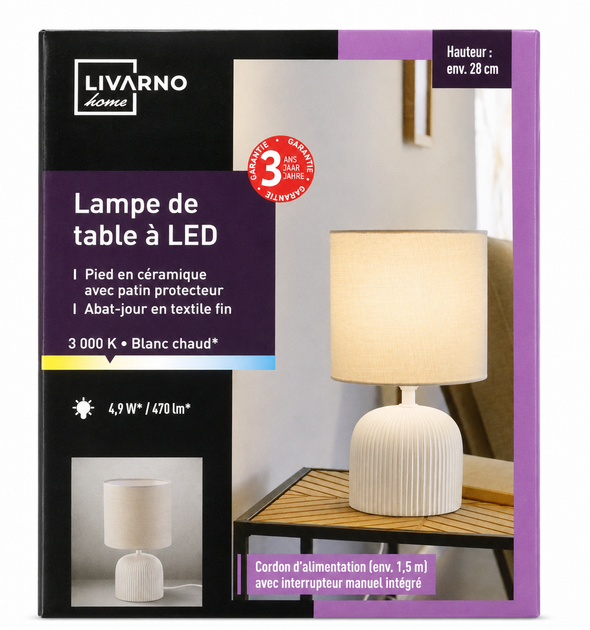 Настольная светодиодная LED лампа LIVARNO home, керамическая основа, 4,9 Вт, 470 лм, 3000K, высота 28 см (абажур светло-серый)) - изображение 3