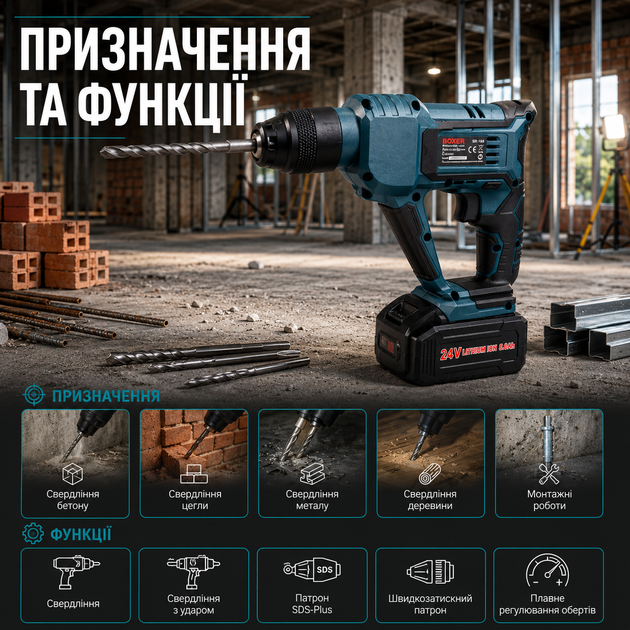 Аккумуляторный перфоратор Boxer SR 149 24 В 3 Ah SDS Plus с двумя аккумуляторами бесщеточным двигателем тремя режимами работы для сверления бетона металла и дерева - Фото 4 Аккумуляторный перфоратор Boxer SR 149 24 В 3 Ah SDS Plus с двумя аккумуляторами бесщеточным двигателем тремя режимами работы для сверления бетона металла и дерева - изображение 4