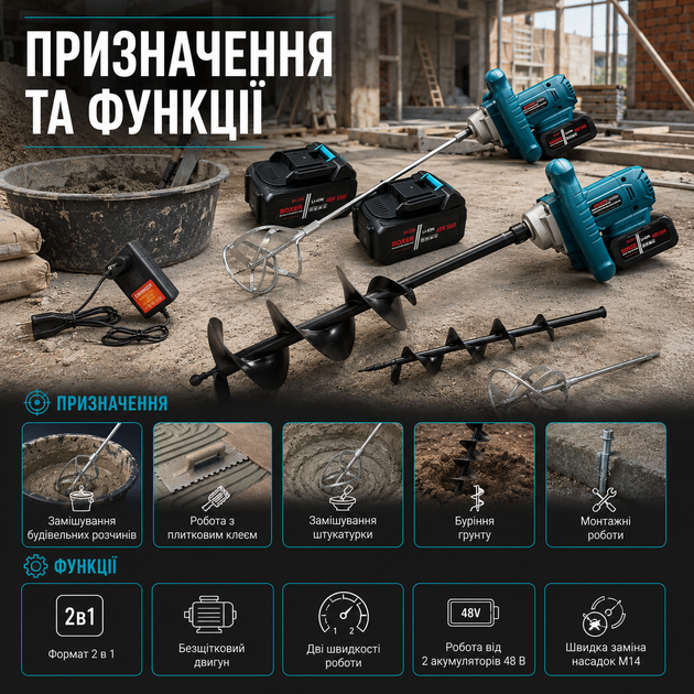 Аккумуляторный строительный миксер Boxer BX 3283 48 В 5 Ah 2 в 1 бесщеточный M14 с двумя аккумуляторами шнеком для грунта и венчиком для растворов - Фото 3 Аккумуляторный строительный миксер Boxer BX 3283 48 В 5 Ah 2 в 1 бесщеточный M14 с двумя аккумуляторами шнеком для грунта и венчиком для растворов - изображение 3