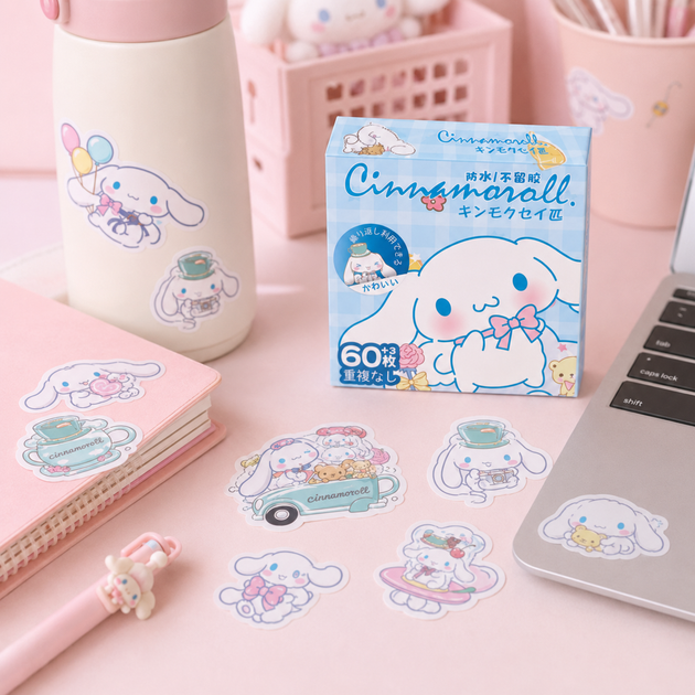 Стикеры Cinnamoroll 60 шт 4×4 см, Наклейки Синнаморолл для телефона, ноутбука и чемодана - изображение 7