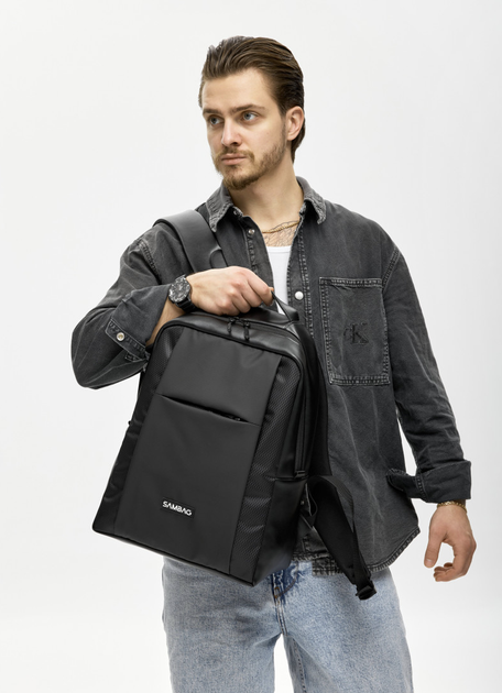 Элегантный комбинированный мужской рюкзак Sambag Zard X под ноутбук 16" из водоотталкивающей ткани для обучения черный - Фото 3 Элегантный комбинированный мужской рюкзак Sambag Zard X под ноутбук 16" из водоотталкивающей ткани для обучения черный - изображение 3