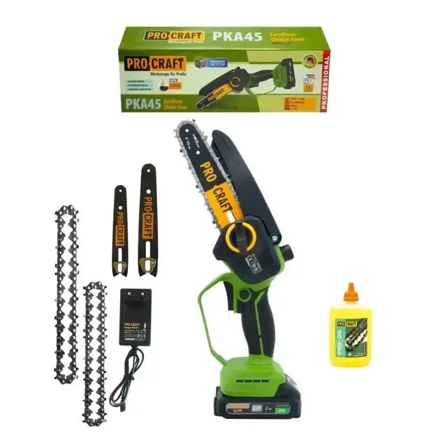 Аккумуляторная цепная пила Procraft PKA45 20V 2Ah с бесщеточным двигателем аккумулятором зарядным устройством шинами 6 и 8 дюймов и бесключевой натяжкой цепи - изображение 5
