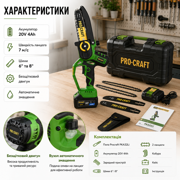 Аккумуляторная мини цепная пила Procraft PKA32Li 20V 4Ah бесщеточная с двумя шинами 6 и 8 дюймов автоматической смазкой и кейсом - изображение 2