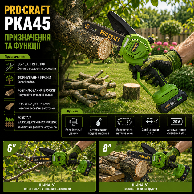 Аккумуляторная цепная пила Procraft PKA45 20V с бесщеточным двигателем шинами 152 и 203 мм шагом цепи 1/4 автоматической смазкой и бесключевой натяжкой без АКБ - изображение 4