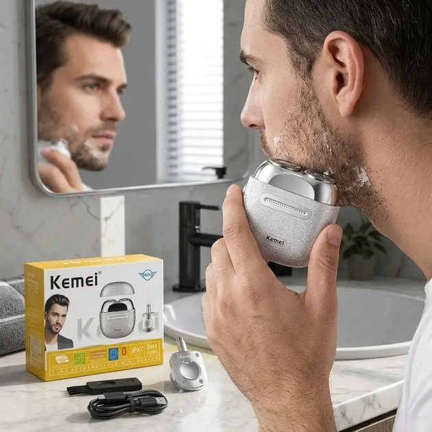 Портативная электробритва Kemei KM-T288 для сухого и влажного бритья с USB зарядкой и защитой IPX7 Белая для ухода за лицом и носом - изображение 2