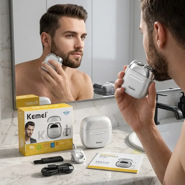 Портативная электробритва Kemei KM-T288 для сухого и влажного бритья с USB зарядкой и защитой IPX7 Белая для ухода за лицом и носом - изображение 3