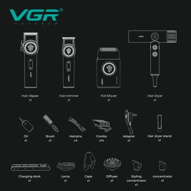 Набор 4 в 1 VGR STEPLERSS PRO для стрижки и ухода: машинка, триммер, электробритва, фен с ионизацией и LED-дисплеем, Черный корпус - изображение 7