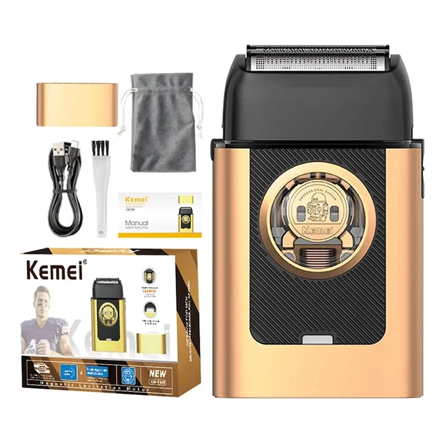 Электробритва Kemei KM-T409 аккумуляторная сеточная 3 лезвия 8000 об/мин USB-C бесщеточный двигатель золотисто-черная для сухого бритья мужская - изображение 7