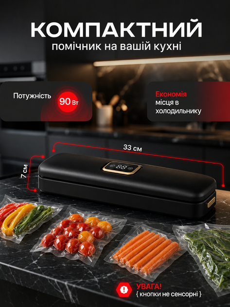 Вакууматор кухонний побутовий вакуумний пакувальник для продуктів з дисплеєм, вакуумна машина для пакування їжі, вакууматор з комплектом пакетів 10 шт, чорний - Фото 4 Вакууматор кухонний побутовий вакуумний пакувальник для продуктів з дисплеєм, вакуумна машина для пакування їжі, вакууматор з комплектом пакетів 10 шт, чорний - зображення 4