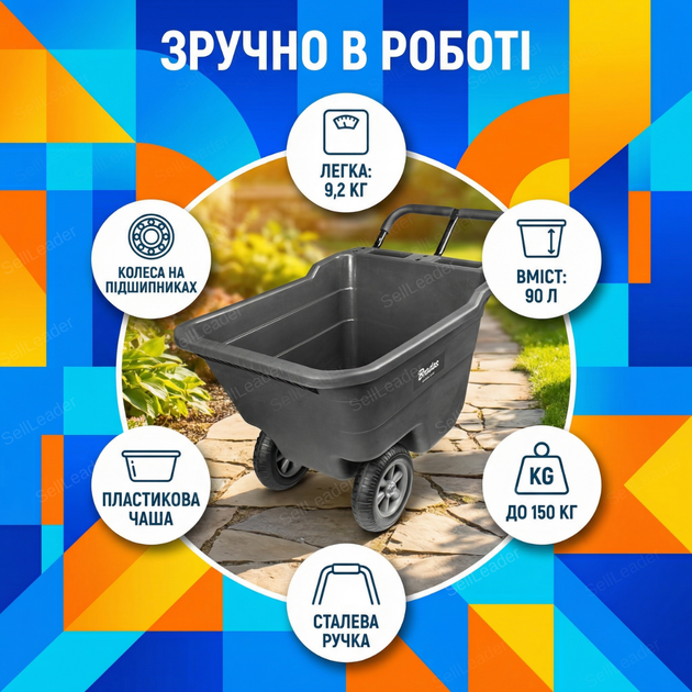 Садовая тачка Handy-Go 90л для урожая стройматериалов почвы 97,5х55,5х65см тележка до 150кг тележка пластик - изображение 2