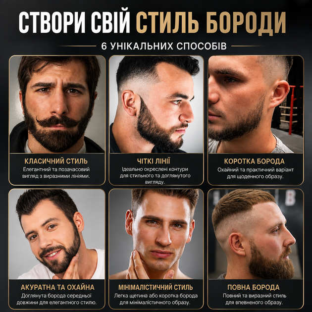 Набір трафаретів та шаблонів для стрижки бороди, вусів та лінії шиї (6 в 1) — гребінець-направляюча під тример і бритву - Фото 8 Набір трафаретів та шаблонів для стрижки бороди, вусів та лінії шиї (6 в 1) — гребінець-направляюча під тример і бритву - зображення 8