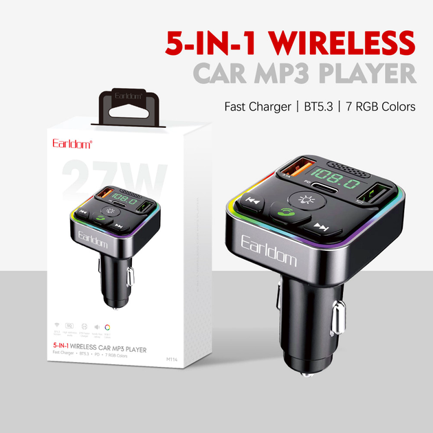 FM модулятор MP3 3.0A 2 USB прикуриватель черный Earldom ET-M114 - изображение 2