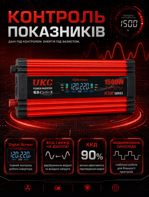 Автомобільний інвертор напруги з 12 В на 220 В 1500 Вт з LCD дисплеєм 2 USB-портами та захистом від перегріву та короткого замикання - зображення 7