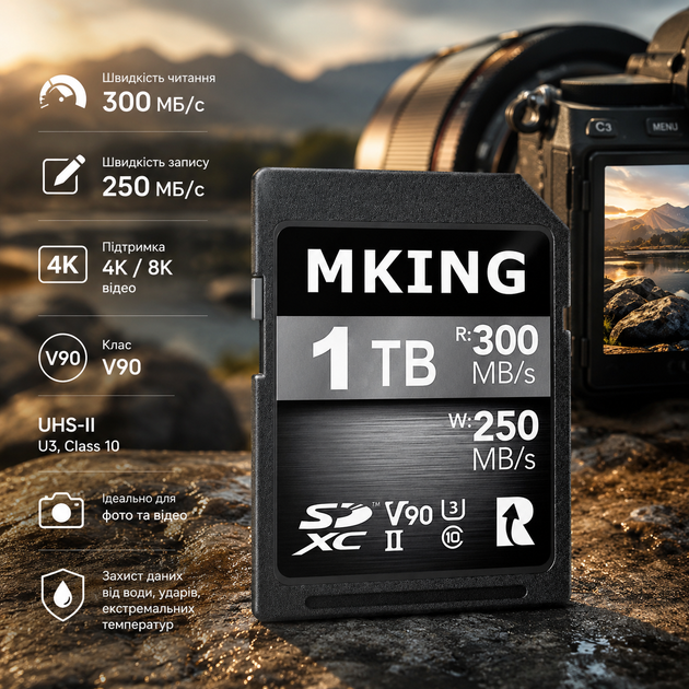 Карта памяти MKING Digital SDXC UHS-II 1 ТБ 1024 ГБ V90, чтение 300 МБ/с, запись 250 МБ/с, для 4K/8K фото и видео - Фото 2 Карта памяти MKING Digital SDXC UHS-II 1 ТБ 1024 ГБ V90, чтение 300 МБ/с, запись 250 МБ/с, для 4K/8K фото и видео - изображение 2