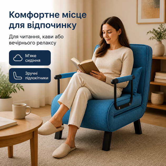 Кресло-кровать 3 в 1, раскладное кресло-реклайнер с подставкой для ног, экокожа, для гостиной, спальни, кабинета и телевизионной комнаты, голубое - изображение 6