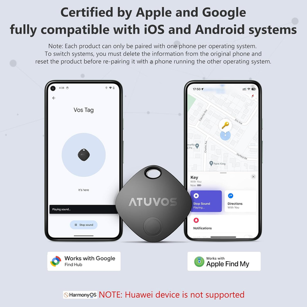 Bluetooth-трекер ATUVOS Air Tracker Tag PRO 4 шт., Apple Find My / Google Find Hub, IP67, CR2032, iOS/Android - Фото 3 Bluetooth-трекер ATUVOS Air Tracker Tag PRO 4 шт., Apple Find My / Google Find Hub, IP67, CR2032, iOS/Android - изображение 3