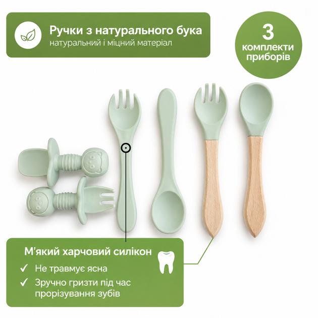Детская силиконовая посуда для прикорма, набор 11 предметов. На присосках [Зелёный] BPA free - изображение 3