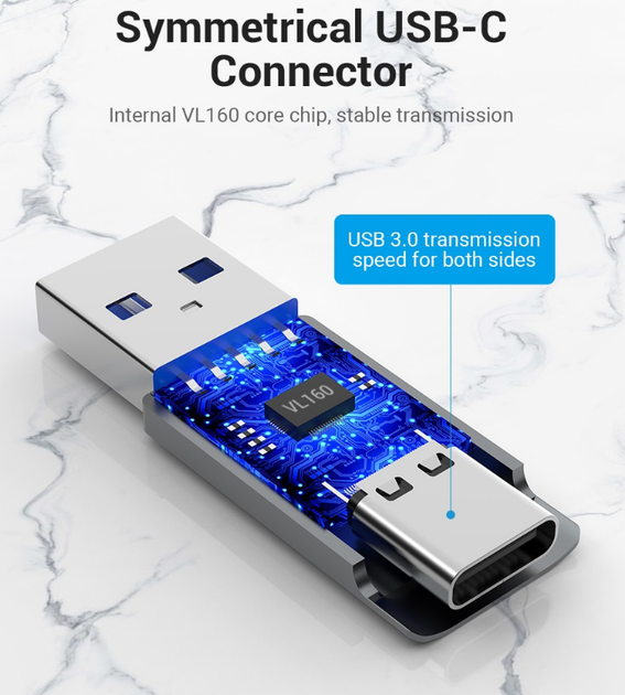 Адаптер Type-C-USB 3.0 Vention Aluminium Nickel-Plated M/F 5Gbps 3A Gray (CDPH0) - Фото 4 Адаптер Type-C-USB 3.0 Vention Aluminium Nickel-Plated M/F 5Gbps 3A Gray (CDPH0) - зображення 4