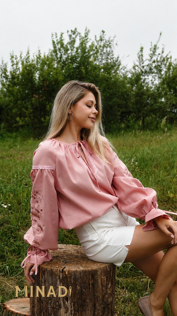 Вишита лляна сорочка «Дерево роду» колір пудровий, one size - Фото 1 Вишита лляна сорочка «Дерево роду» колір пудровий, one size - зображення 1