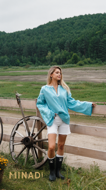 Вишита лляна сорочка «Дерево роду» блакитна, one size - Фото 9 Вишита лляна сорочка «Дерево роду» блакитна, one size - зображення 9