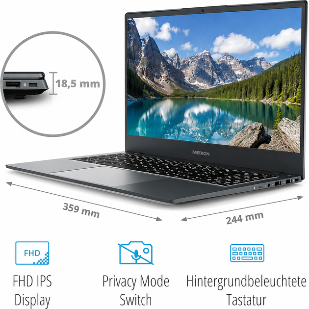 Ноутбук 15,6" Medion (Lenovo Group) E15413 | IPS (1920x1080) FullHD | Intel Core i5-1235U | Intel Iris Xe Graphics | RAM 8 ГБ | SSD 512 ГБ | Підсвітка | Win11 (5434) - Уценка - изображение 3