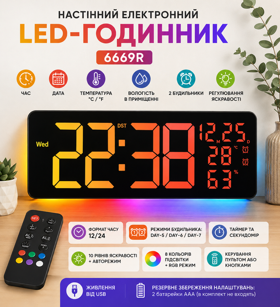 Настенные электронные LED часы 6669R с RGB подсветкой, термометром, гигрометром, будильником и пультом ДУ (42х15.5х3.5 см) - Фото 1 Настенные электронные LED часы 6669R с RGB подсветкой, термометром, гигрометром, будильником и пультом ДУ (42х15.5х3.5 см) - изображение 1