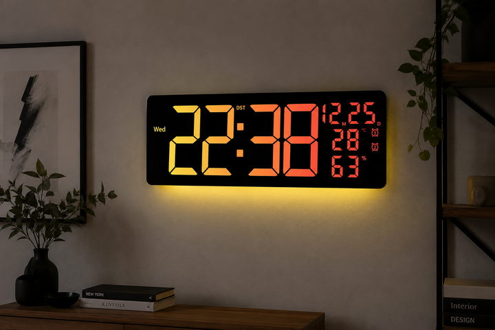 Настенные электронные LED часы 6669R с RGB подсветкой, термометром, гигрометром, будильником и пультом ДУ (42х15.5х3.5 см) - Фото 2 Настенные электронные LED часы 6669R с RGB подсветкой, термометром, гигрометром, будильником и пультом ДУ (42х15.5х3.5 см) - изображение 2