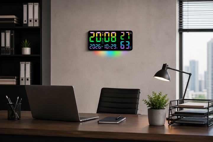 Цифровые LED-часы GH0750 RGB настенные и настольные с пультом ДУ будильником календарем термометром и гигрометром 35х15х3 см - изображение 3