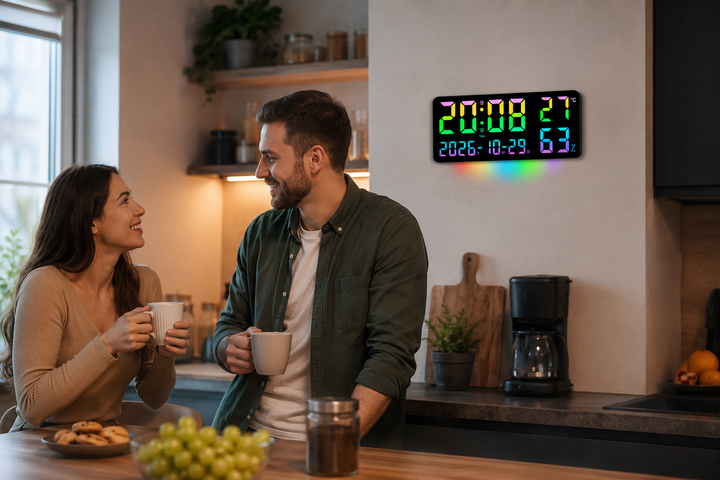 Цифровые LED-часы GH0750 RGB настенные и настольные с пультом ДУ будильником календарем термометром и гигрометром 35х15х3 см - изображение 4