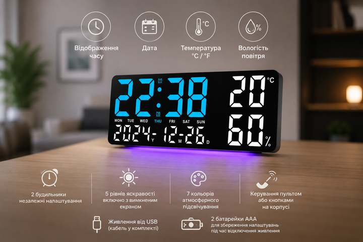 Часы настенные GH9002 / Цифровые настенные, настольные LED-часы / Часы + календарь, температура, влажность - изображение 6